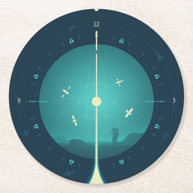 Deep Space Atomic Clock Poster, Blue Version. Runder Pappuntersetzer (Vorderseite)