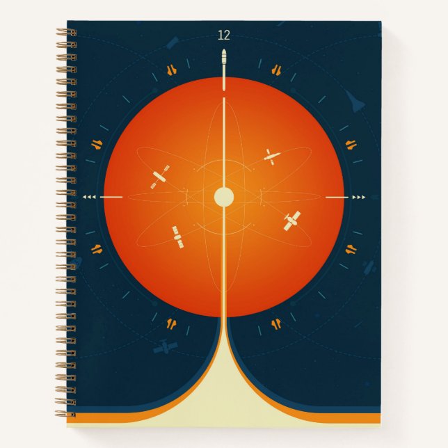 Deep Space Atomic Clock Poster, Orange Version. Notizbuch (Vorderseite)