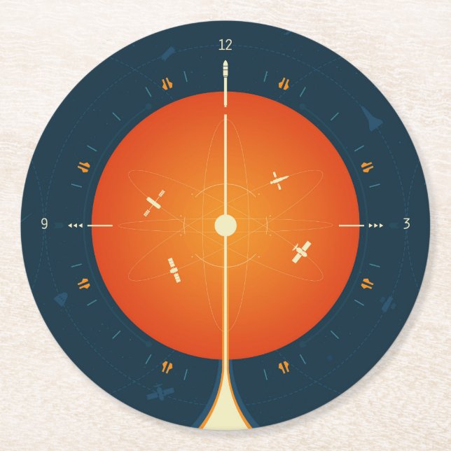 Deep Space Atomic Clock Poster, Orange Version. Runder Pappuntersetzer (Vorderseite)