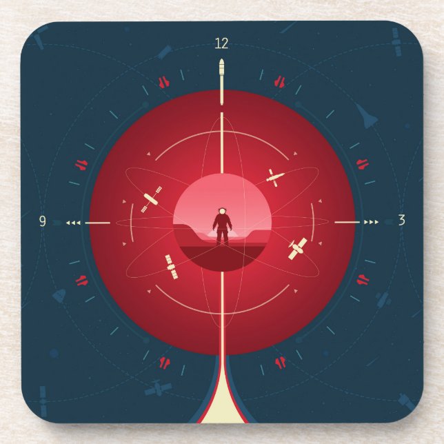 Deep Space Atomic Clock Poster, Red Version. Getränkeuntersetzer (Vorderseite)