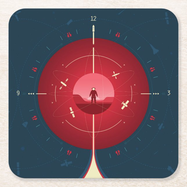 Deep Space Atomic Clock Poster, Red Version. Rechteckiger Pappuntersetzer (Vorderseite)