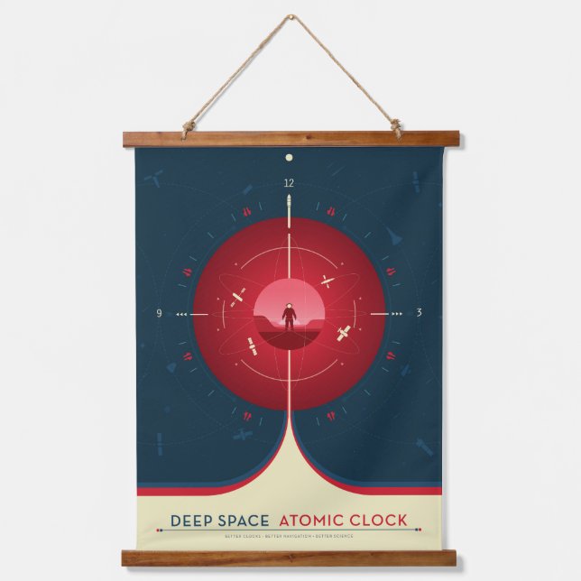 Deep Space Atomic Clock Poster, Red Version. Wandteppich Mit Holzrahmen (Vorderseite)