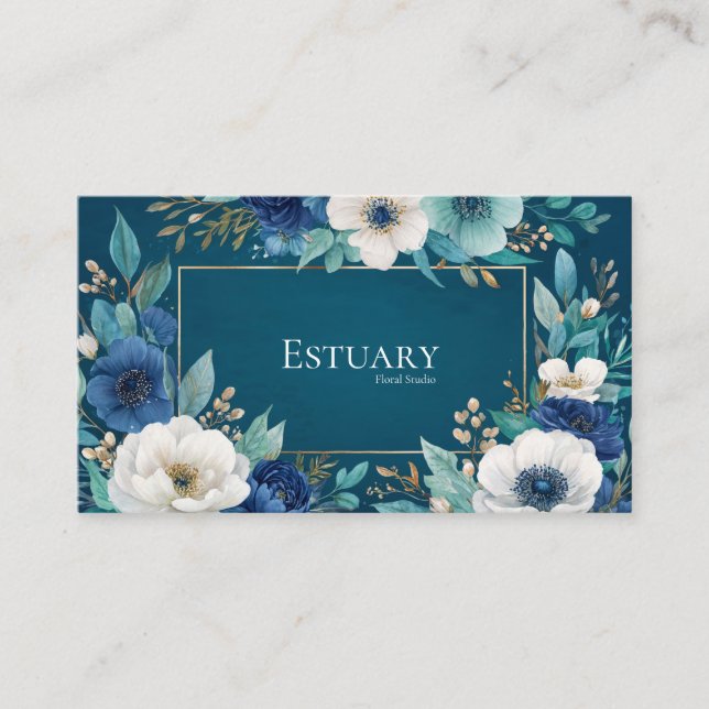 Deep Teal Blue Floral Gold Frame Watercolor Visitenkarte (Vorderseite)