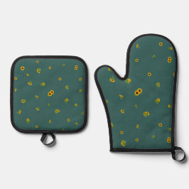 Deep Teal Japanese Sunflower Floral Pattern Ofenhandschuh & Topflappen-Set