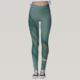 Deep Teal Marble + Gold Veins Luxury Fit Hand Sewn Leggings