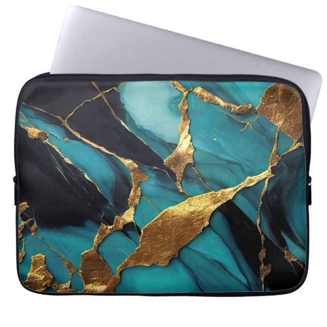 Deep Teal Marble with Bold Gold Veins Laptopschutzhülle (Vorderseite)