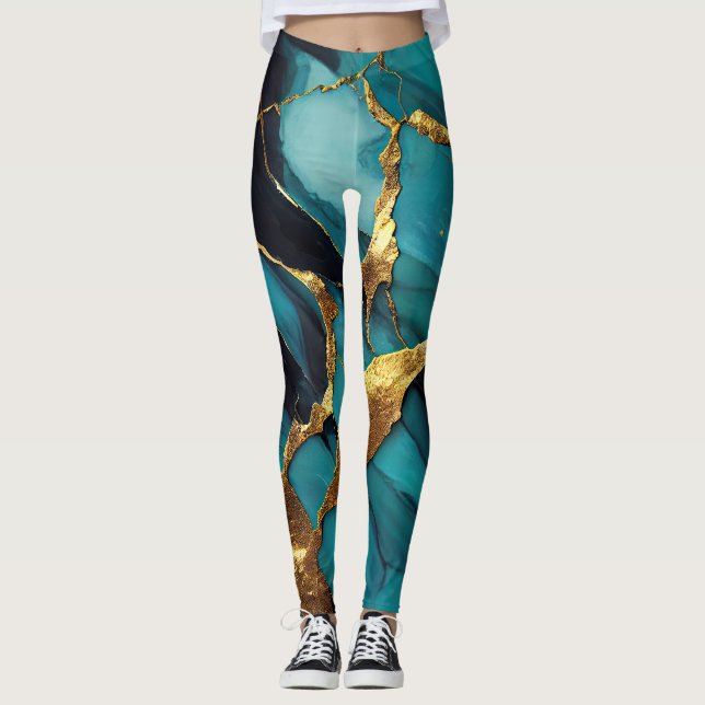 Deep Teal Marble with Bold Gold Veins Leggings (Vorderseite)