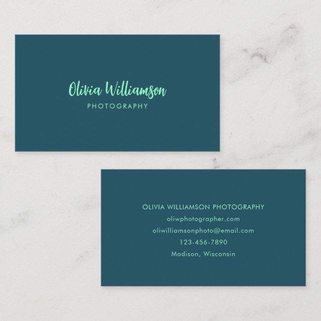 Deep Teal Mint Script Name Minimalist Creative Visitenkarte (Vorne/Hinten)