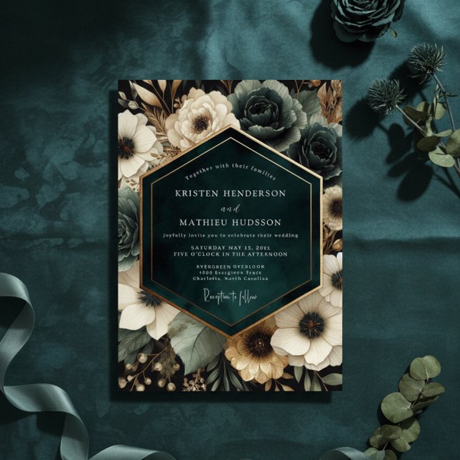 Deep Teal Moody Bloom Hochzeit Einladung (Von Creator hochgeladen)