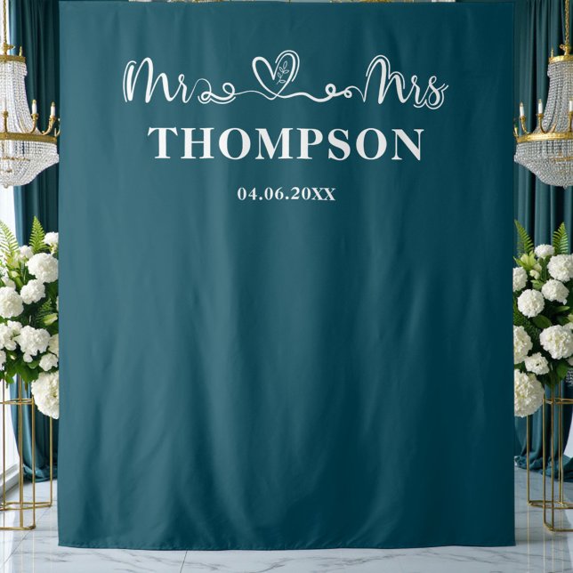 Deep Teal | Mr and Mrs Elegant Simple Backdrop Wandteppich (Von Creator hochgeladen)