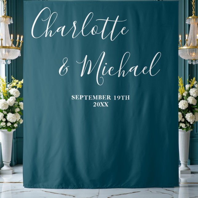 Deep Teal Script Minimalist Wedding Backdrop Wandteppich (Von Creator hochgeladen)