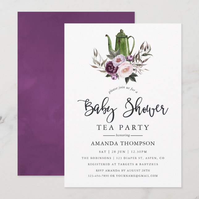 Deep Velvet Floral Baby Dusche Tee Party Einladung (Vorne/Hinten)