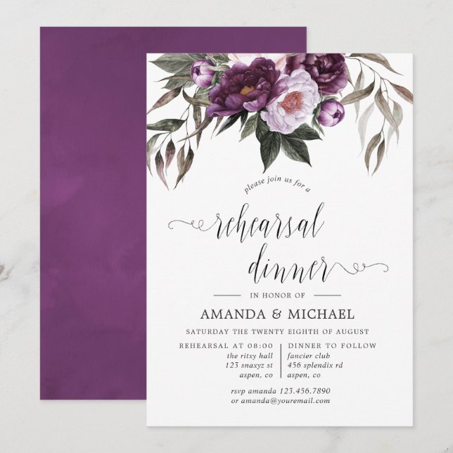 Deep Velvet Floral Hochzeit Probe Dinner Einladung (Vorne/Hinten)