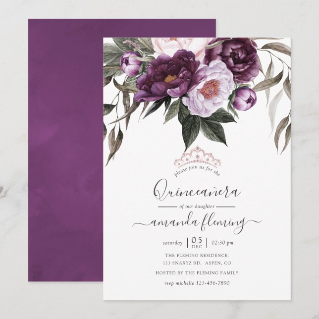 Deep Velvet Floral Quinceañera Einladung (Vorne/Hinten)