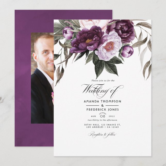 Deep Velvet Floral Wedding Foto Einladung (Vorne/Hinten)