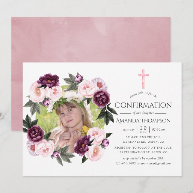 Deep Velvet und Bush Pink Bestätigung Einladung (Vorne/Hinten)