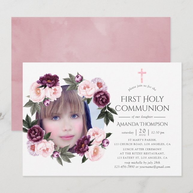 Deep Velvet und Bush Pink Floral Erste Kommune Einladung (Vorne/Hinten)