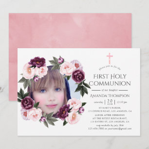 Deep Velvet und Bush Pink Floral Erste Kommune Einladung