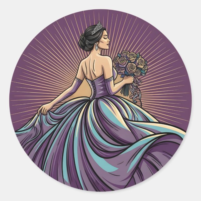 Deep Violet Rhapsody Tiara & Bouquet Quinceañera Runder Aufkleber (Vorderseite)
