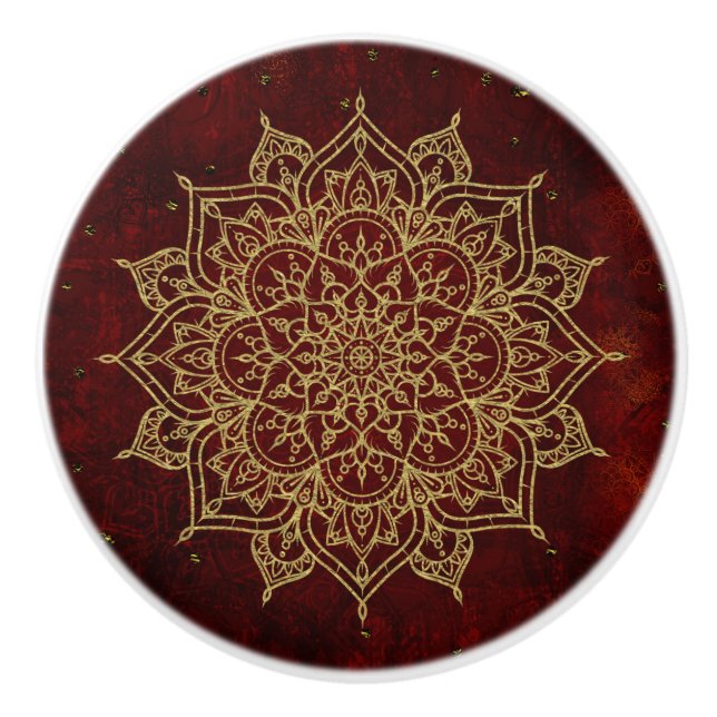 Deep Wine Red Mandala & Gold Glam Moderner Chic Keramikknauf (Vorderseite)