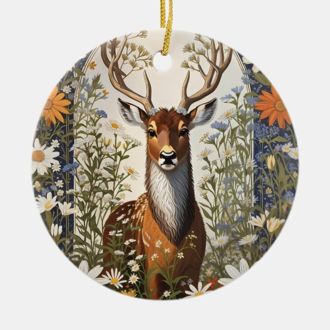 Deer Amid Daisy Blume Keramik Ornament (Vorne)