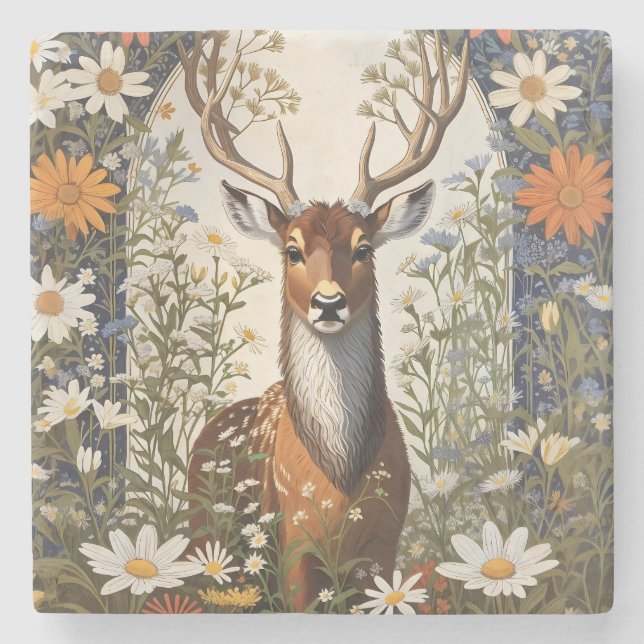 Deer Amid Daisy Blume Steinuntersetzer (Vorderseite)