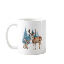 Deer and doe with snowy pine tree