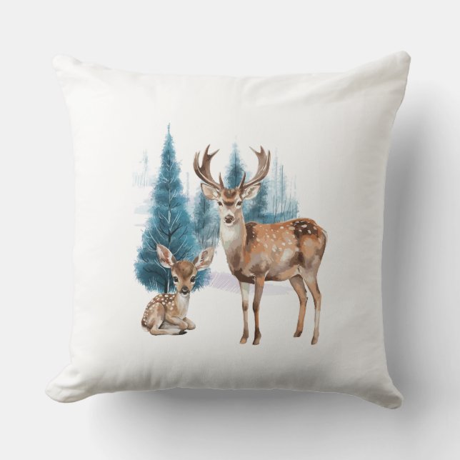 Deer and doe with snowy pine tree kissen (Vorderseite)