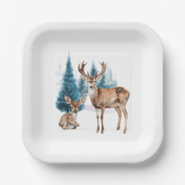 Deer and doe with snowy pine tree pappteller