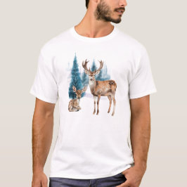 Deer and doe with snowy pine tree T-Shirt