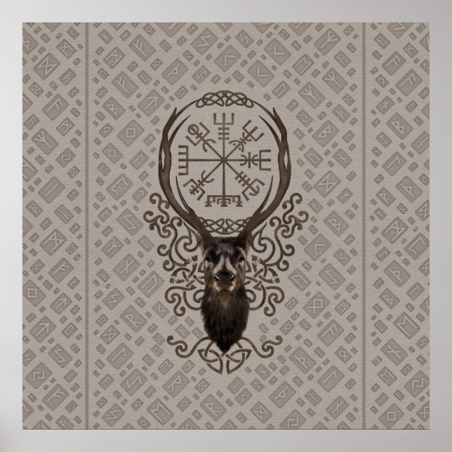 Deer and Vegvisir - Viking Navigation Compass Poster (Vorne)
