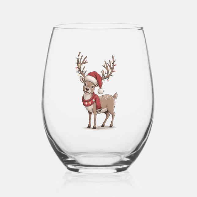 Deer Animal Christmas Deer Santa Hat Xmas  Weinglas Ohne Stiel (Rückseite)