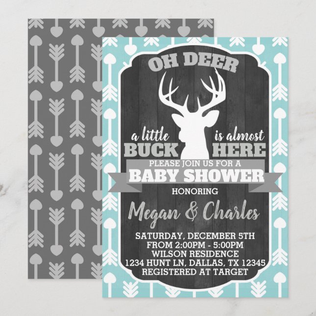 Deer Antler Baby shower Invitation Monnaie Gris Tu (Devant / Derrière)