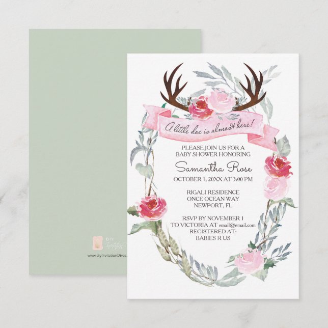 DEER ANTLER Girl Baby Showeinladung, Rosa Einladung (Vorne/Hinten)