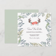 DEER ANTLER & Greenery Save the Date, Peach Blume