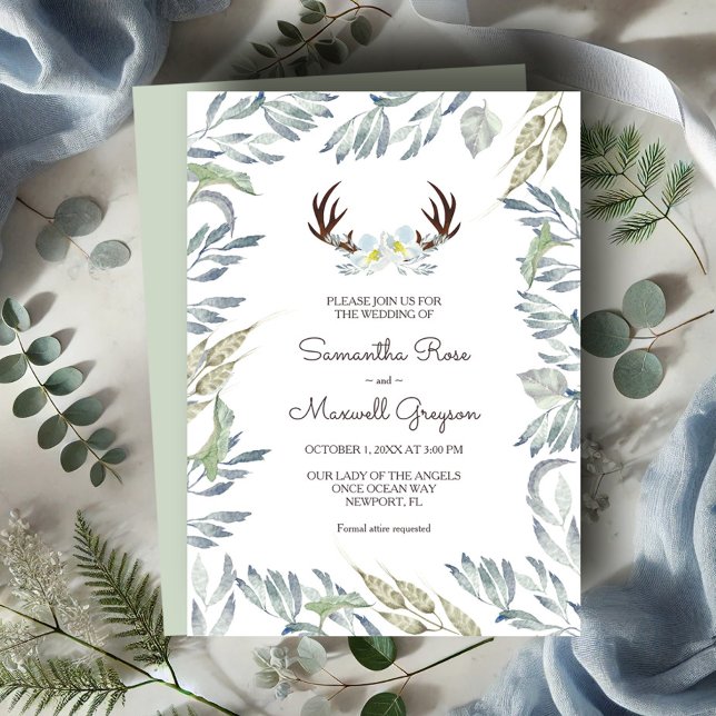 DEER ANTLER Rustic Sage Green Wedding Einladung (Wedding invitations rustic watercolor deer antlers and botanical greenery)