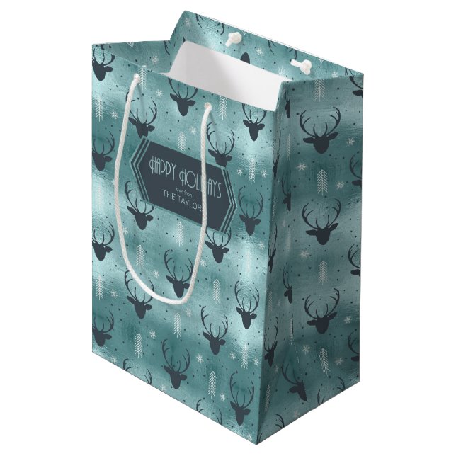 Deer Antlers Arrows Christmas Pattern Aquamarin ID Mittlere Geschenktüte (Vorderseite Schrägansicht)