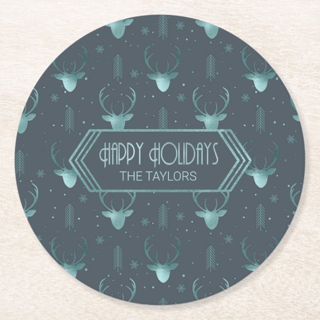 Deer Antlers Arrows Christmas Pattern Aquamarin ID Runder Pappuntersetzer (Vorderseite)