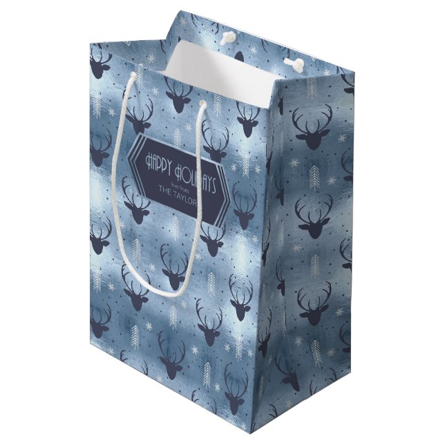 Deer Antlers Arrows Christmas Pattern Blue ID861 Mittlere Geschenktüte (Vorderseite Schrägansicht)