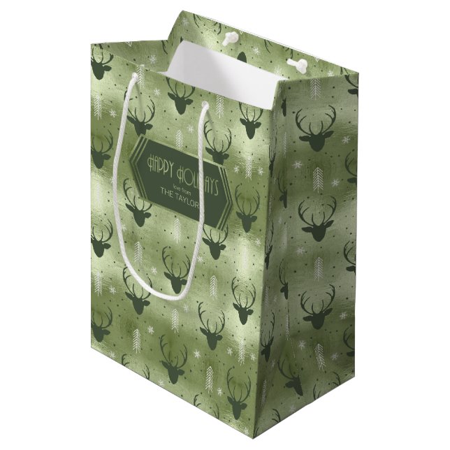 Deer Antlers Arrows Christmas Pattern Green ID861 Mittlere Geschenktüte (Vorderseite Schrägansicht)