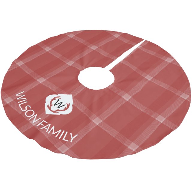 Deer Antlers Monogram Tartan Red Polyester Weihnachtsbaumdecke (Schrägansicht)