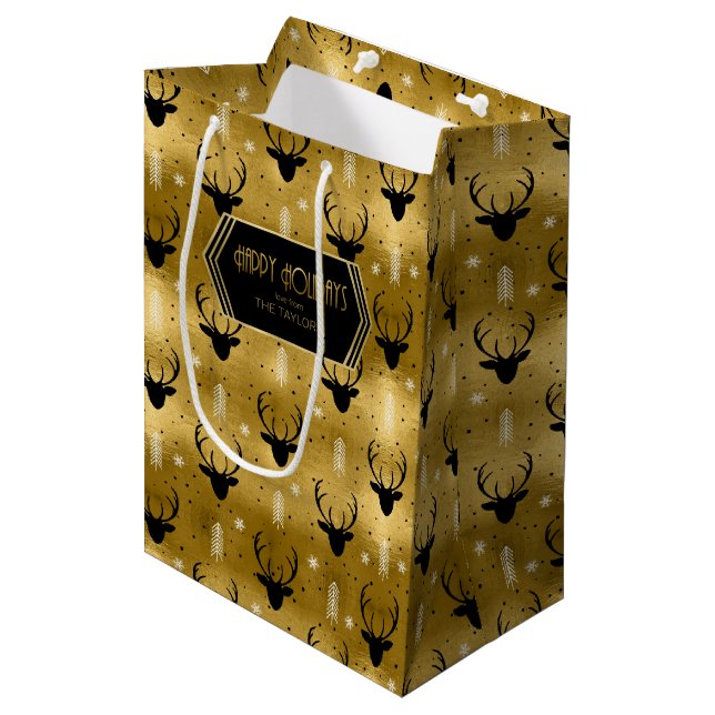 Deer Antlers Pfeile Weihnachtsmuster Gold ID861 Mittlere Geschenktüte (Vorderseite Schrägansicht)