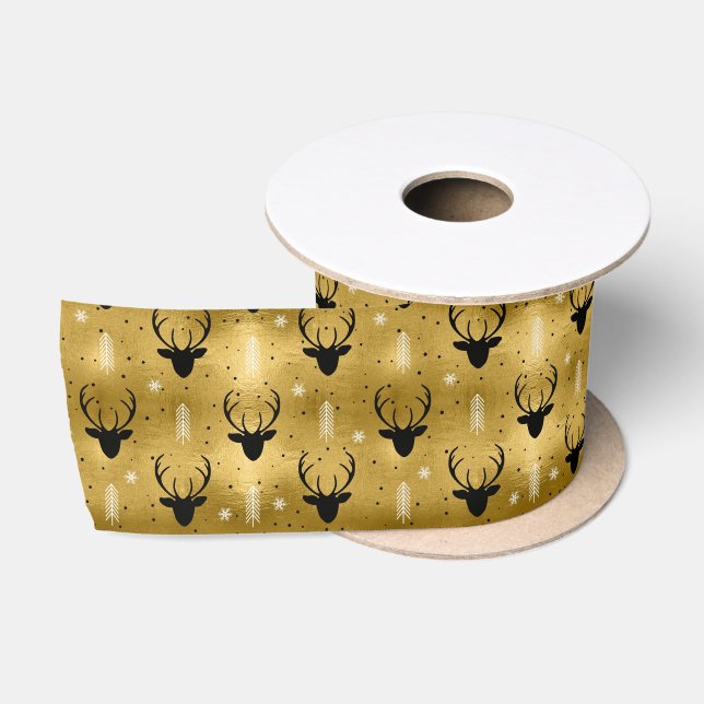 Deer Antlers Pfeile Weihnachtsmuster Gold ID861 Satinband (Spule)