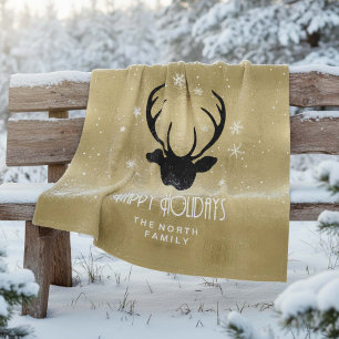 Deer Antlers Silhouette & Snowflakes Gold ID861 Fleecedecke