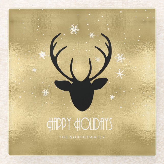 Deer Antlers Silhouette & Snowflakes Gold ID861 Glasuntersetzer (Vorderseite)