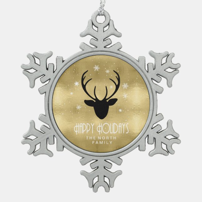 Deer Antlers Silhouette & Snowflakes Gold ID861 Schneeflocken Zinn-Ornament (Vorderseite)