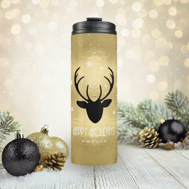 Deer Antlers Silhouette & Snowflakes Gold ID861 Thermosbecher (Von Creator hochgeladen)