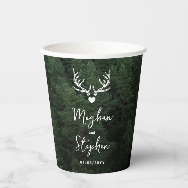 Deer Antlers Woodland Pine Tree Forest Wedding Pappbecher (Vorderseite)