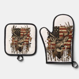 Deer, Buck Season USA Flag Ofenhandschuh & Topflappen-Set