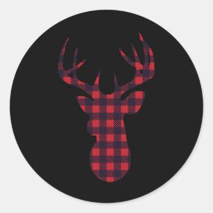 Deer Buck Silhouette Red Kariert Matching Weihnach Runder Aufkleber